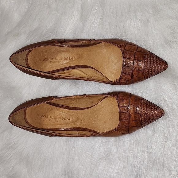 Fauzian Jeunesse Braided Woven Leather Pointy Toe Low Heel Tan Size - Picture 2 of 9